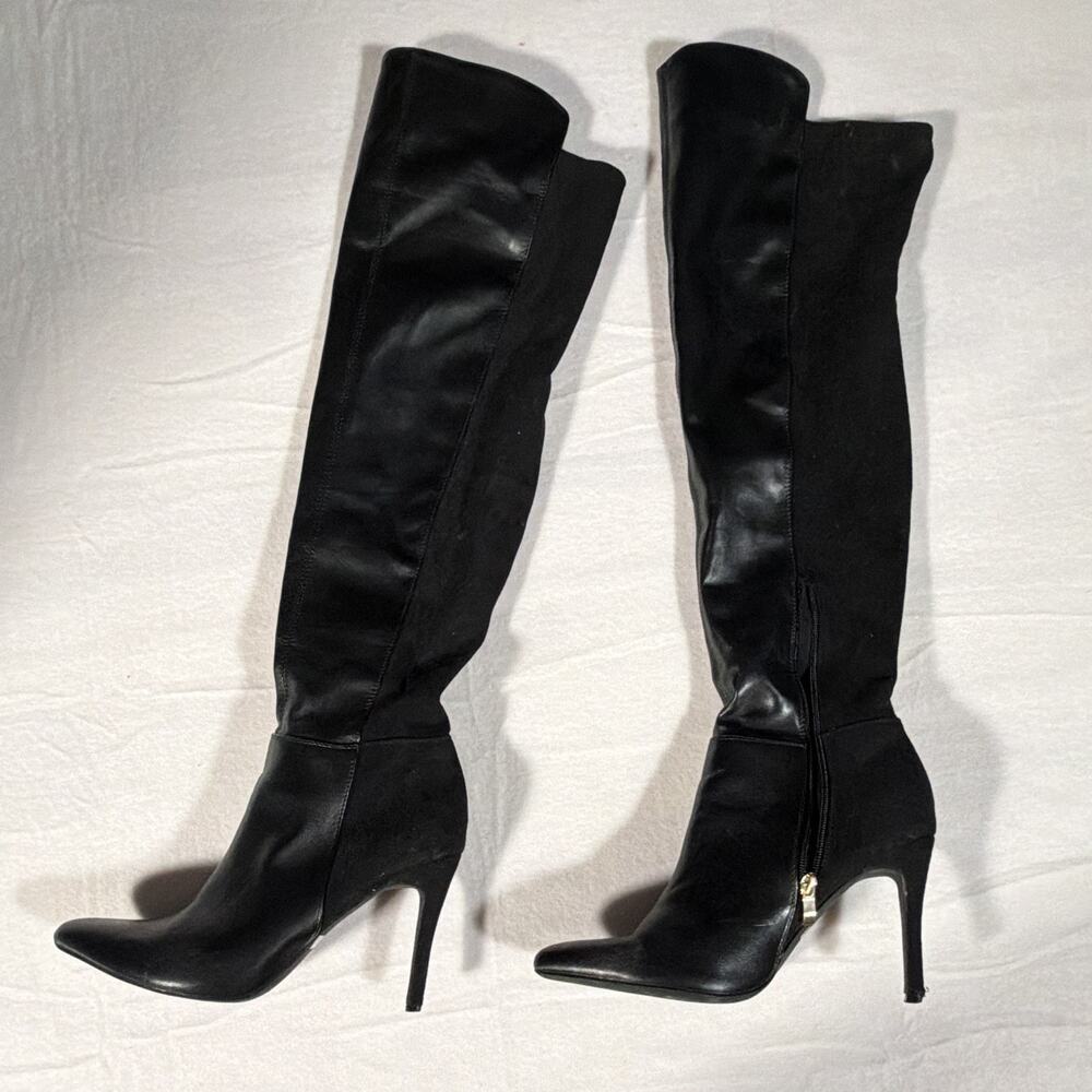 Dream Pairs Black Knee-High Side Zip Boots Faux Leather Pointed Toe US 9.5